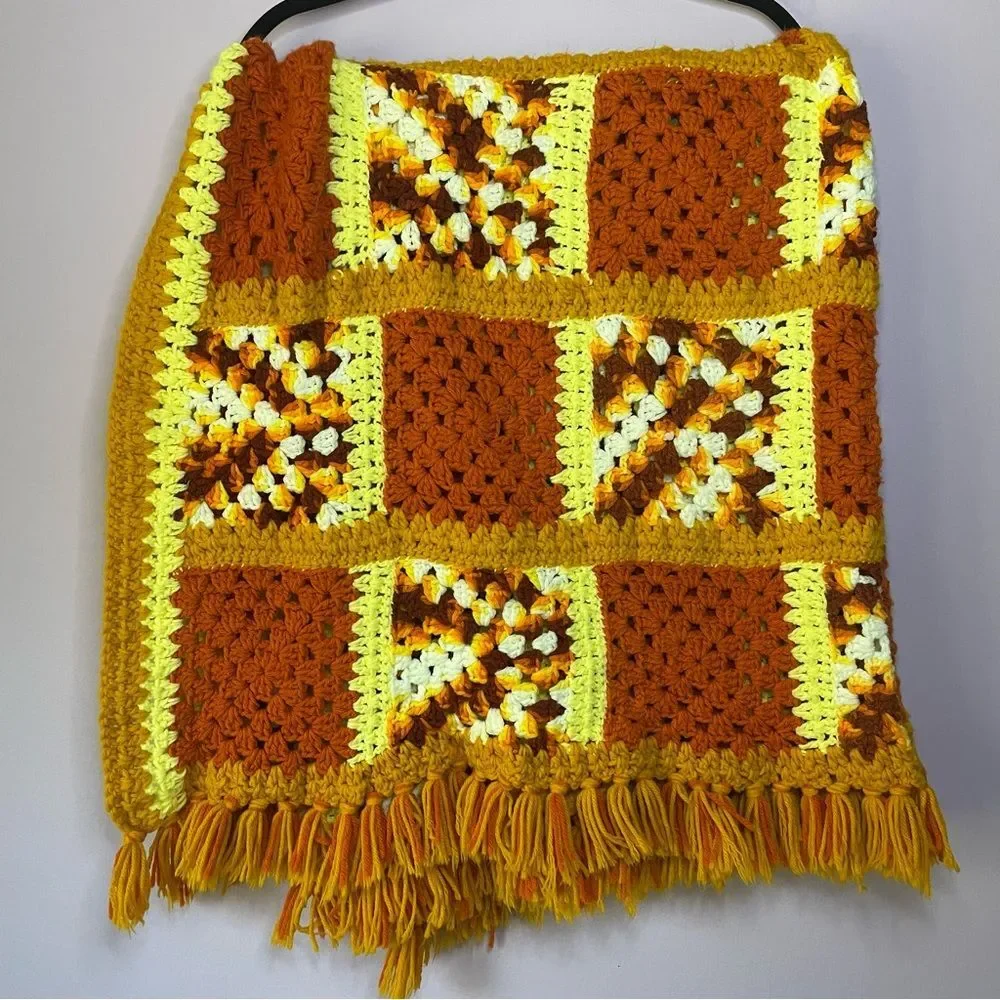 Vintage Retro Orange Granny Square Handmade Afghan Crochet Quilt Blanket Throw